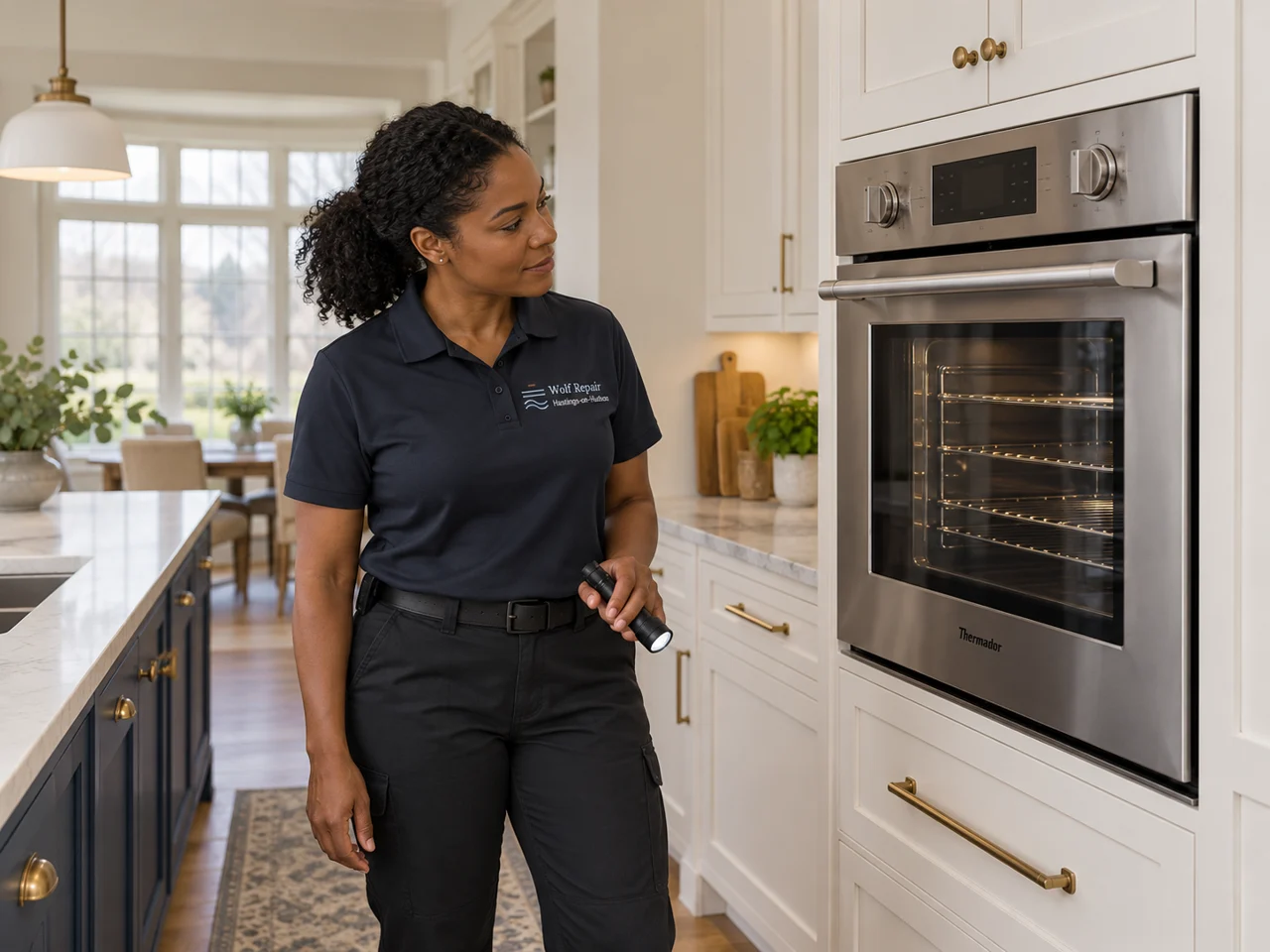 Illustration of a technician wearing the Wolf Repair Hastings-on-Hudson logo beside a Thermador oven